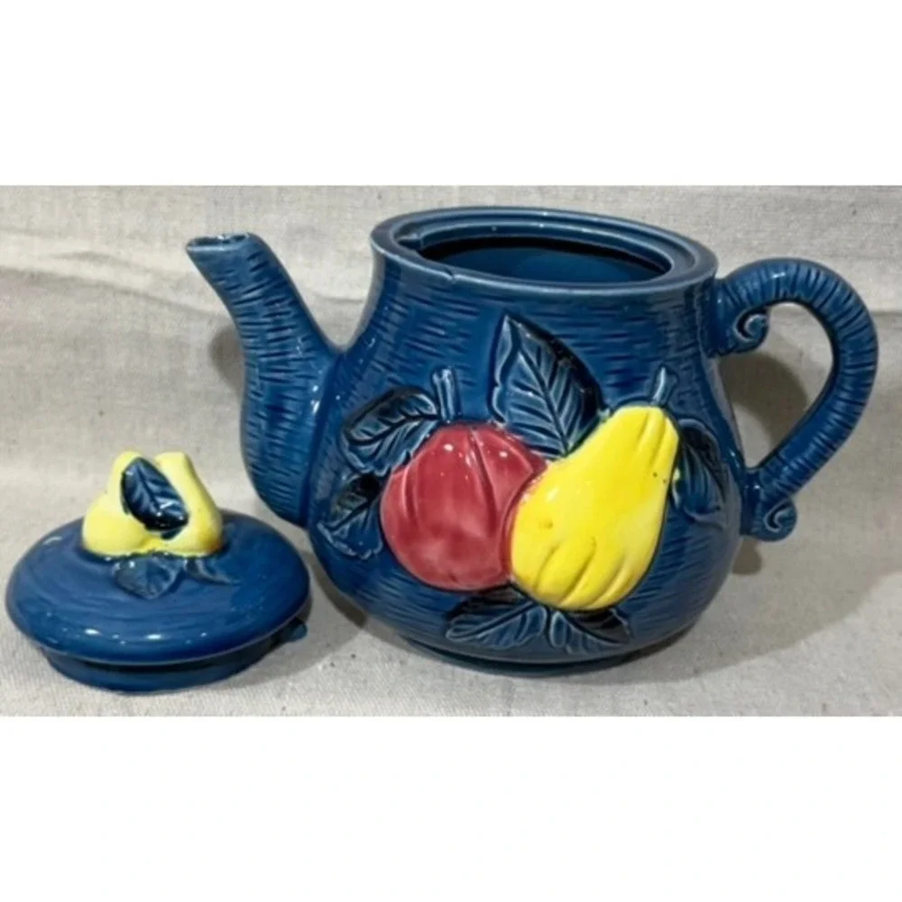 Vintage Cobalt Blue Ceramic Teapot Fruit Relief Apple Pear Made in Japan 7x8